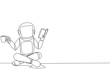 Single one line drawing astronaut sitting cross-legged reading the book. Accompanied by mug of coffee to make reading more interesting. Knowledge. Calmness. Continuous line design graphic illustration