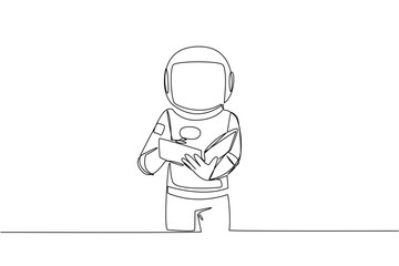 Single continuous line drawing astronaut reading book while holding a magnifier. Small letters that robots cannot recognize without tools. Looking for something. One line design vector illustration