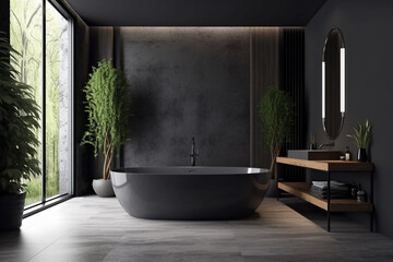 stylish and modern bathroom in a dark design with bathtub  and plants. Freestanding black bathtub, stylish minimalist black loft style bathroom. 