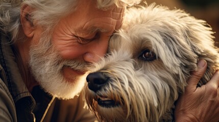 A senior man sharing a heartfelt moment with his pet dog, Generative AI