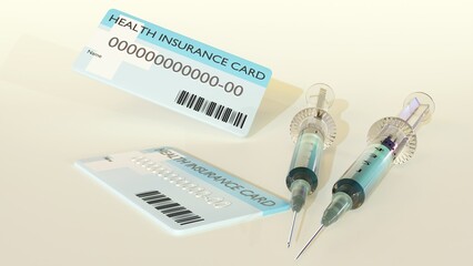 Isolated insurance card and medical syringe 3d rendering