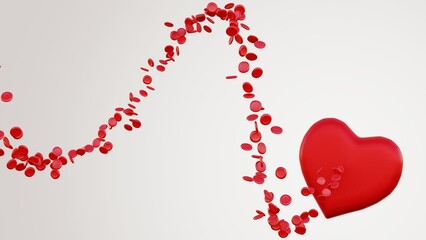 Isolated 3D rendering of a red heart shape with erythrocytes, or red blood cells.