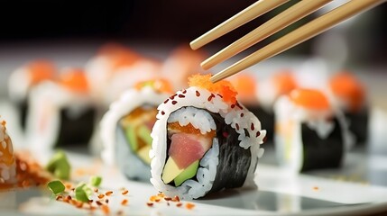 close up of chopsticks taking portion of sushi roll on the table restaurant eating sushi roll using...