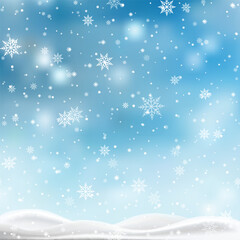 Christmas, Snowy background with falling snow, snowflakes, snowdrift for winter and new year holidays. Vector