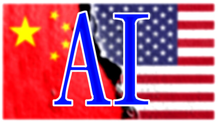 The American flag and the Chinese flag are both composed of crackle patterns. A conceptual diagram depicting a ban on the sale of AI chips to China.(Background intentionally blurred)