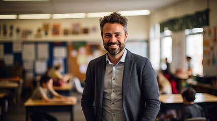 Fototapeta premium Portrait of confident Caucasian male teacher in classroom