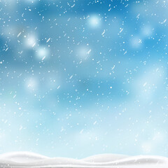Christmas, Snowy background with falling snow, snowflakes, snowdrift for winter and new year holidays. Vector