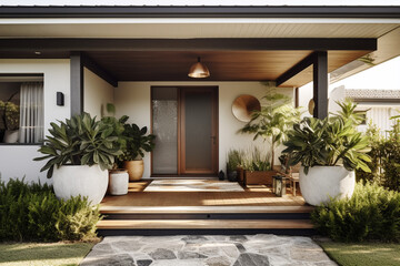 A contemporary house with a backyard featuring a stylish blend of wood and glass elements, a modern architectural design Created with generative AI tools.