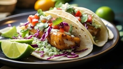 Close up of fresh fish tacos with coleslaw, avocado, salsa and lime creme in a flour tortilla on...
