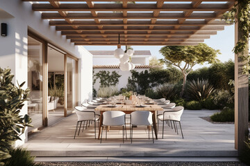Indulge in outdoor dining at its finest within a modern garden house, where elegance and nature converge for a delightful meal Created with generative AI tools.