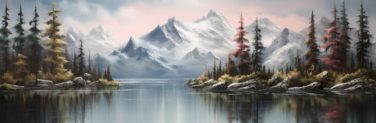 Immerse yourself in lakeside serenity with a gorgeous view of a mountain, tall trees, and a tranquil lake. Nature's beauty at its best Created with generative AI tools. - obrazy, fototapety, plakaty