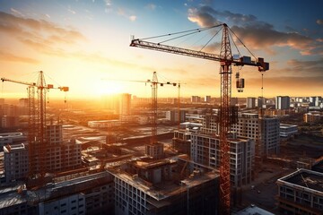 Construction site and sunset. View of a large construction site with buildings under construction. Crane and construction site building against blue sky. Generative AI
