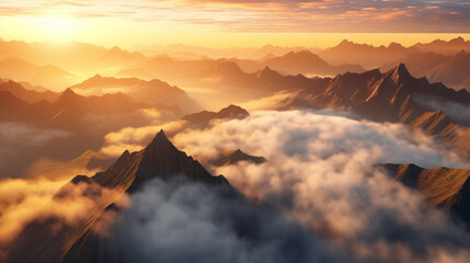 A picturesque scene capturing the beauty of mountains against a serene sky backdrop with graceful birds in flight.