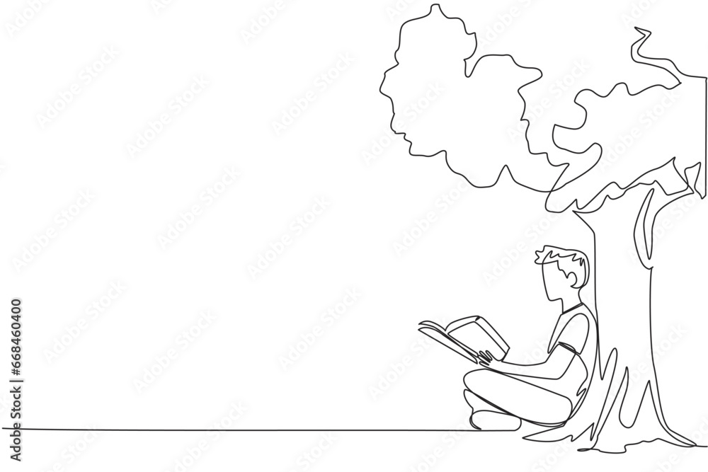 Poster continuous one line drawing man sitting reading book under shady tree. continuing the second volume 