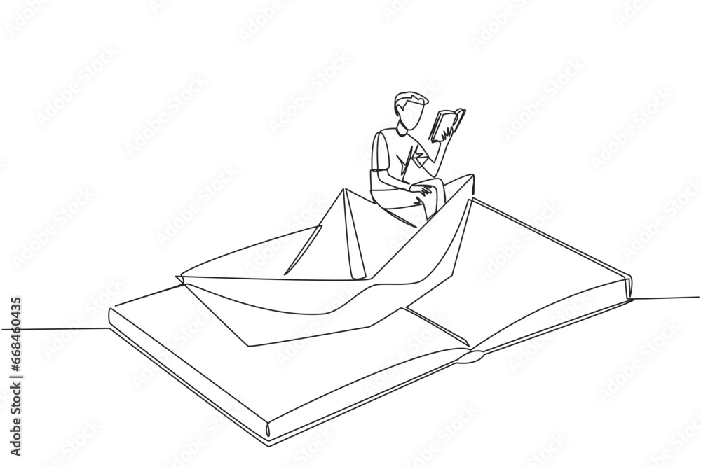 Poster continuous one line drawing man reading a book on a paper boat. maintain the good habits. the metaph