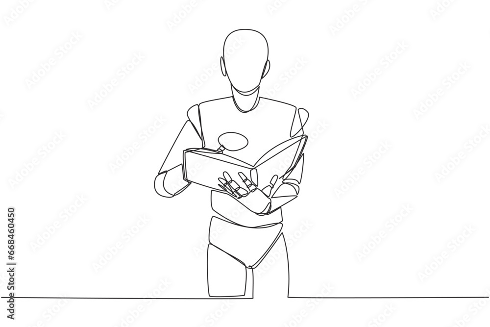 Poster single continuous line drawing smart robot reading book while holding a magnifier. small letters tha