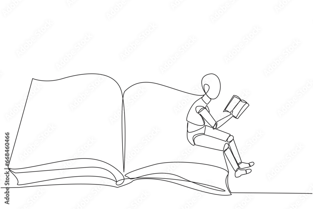 Poster single one line drawing smart robot sitting on the edge of a large open book. study before exam time