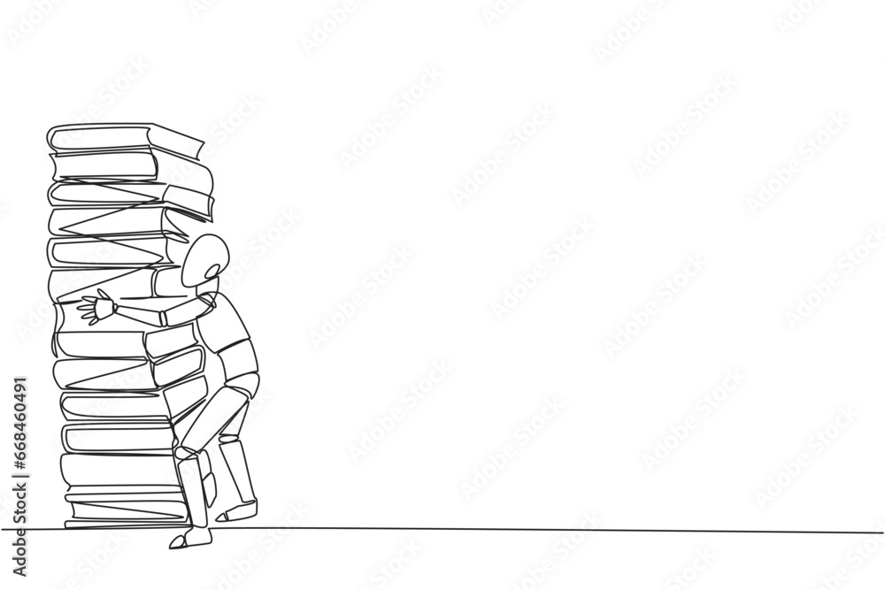 Poster continuous one line drawing smart robot hugging very high pile of books. hobby to collecting and rea