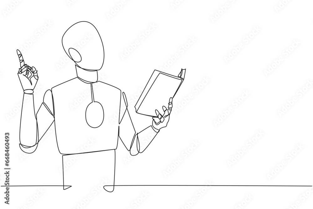 Poster continuous one line drawing robot standing reading book. gesture gets idea. book can see from differ