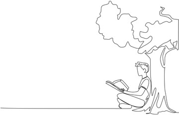 Continuous one line drawing man sitting reading book under shady tree. Continuing the second volume of the fiction story book. Enjoy reading. Book festival. Single line draw design vector illustration