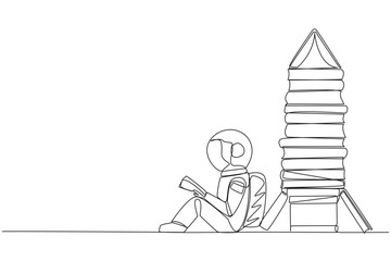 Continuous one line drawing astronaut sitting reading next to a pile of books shaped like rocket. Read the complete guide before expedition. Book festival. Single line draw design vector illustration