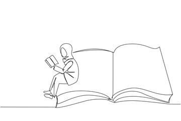 Single one line drawing Arabian woman sitting on the edge of a large open book. Study before exam time arrives. Read textbooks with focus. Reading is fun. Continuous line design graphic illustration