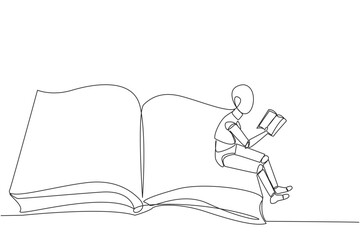 Single one line drawing smart robot sitting on the edge of a large open book. Study before exam time arrives. Read textbooks with focus. Reading is fun. Continuous line design graphic illustration