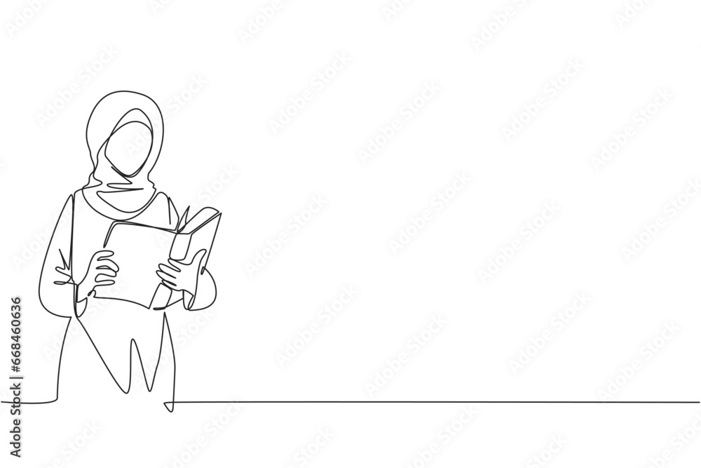 Poster single continuous line drawing arabian woman focus on reading. try to find answer to the tasks given