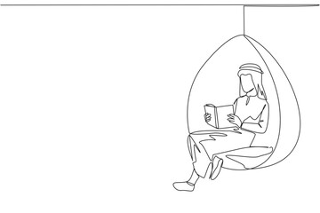 Single continuous line drawing Arab man sitting relaxed in hanging chair reading a book. Spending the weekend reading the favorite fiction story book. Love reading. One line design vector illustration