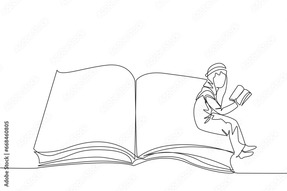 Poster single one line drawing arabian man sitting on the edge of a large open book. study before exam time