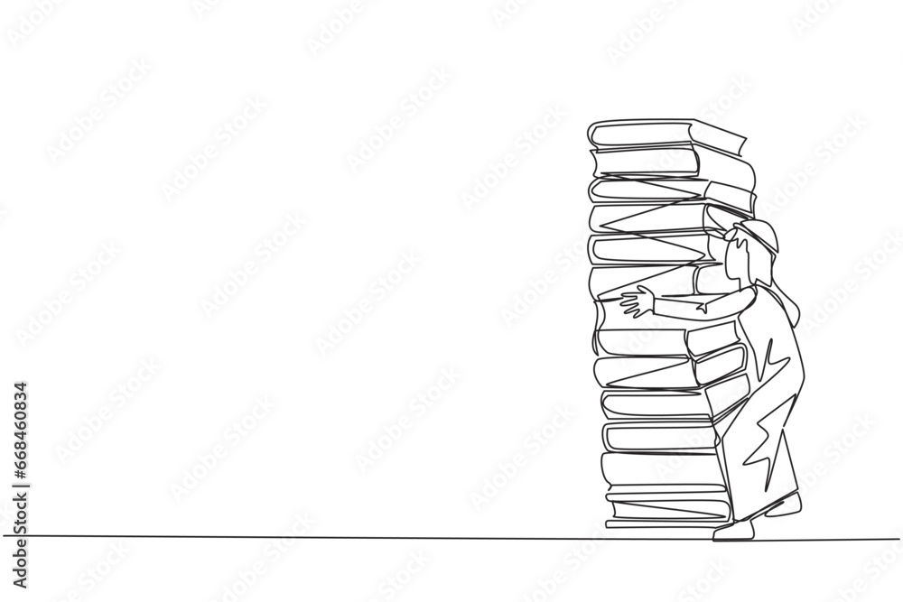 Poster single continuous line drawing arab man hugging a very high pile of books. hobby to collecting and r