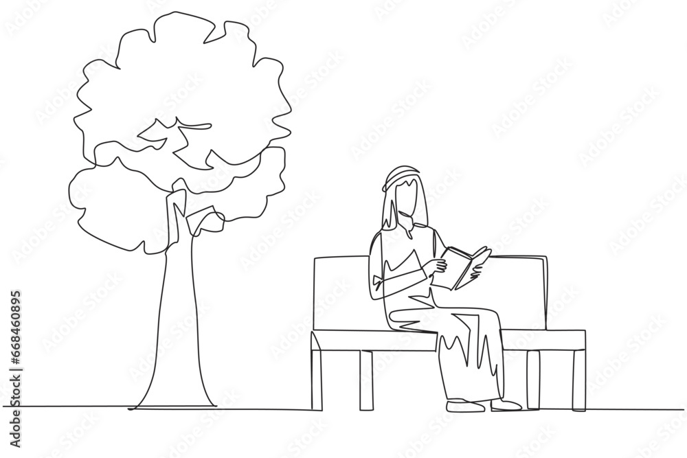 Poster single one line drawing arabian man sitting on park bench reading book. learn by re-reading textbook