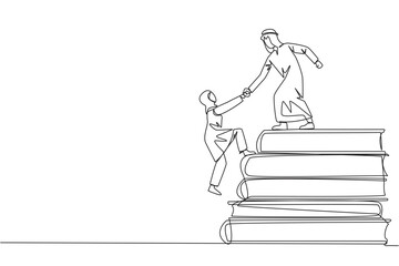 Continuous one line drawing Arab man helps Arab woman climb pile of books. Concept of helping each other to succees together. Knowledge source book. Book festival. Single line draw vector illustration