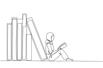 Continuous one line drawing  Arabian woman reading sitting leaning against pile of books. Habit of reading books every day. Library. Book festival concept. Single line draw design vector illustration