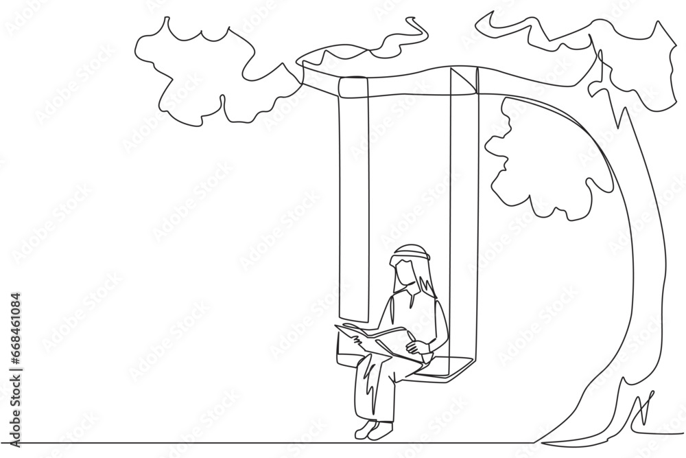 Aufkleber continuous one line drawing arab man sitting on swing under shady tree reading book. high enthusiasm