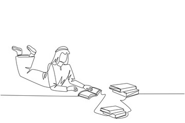 Continuous one line drawing Arabian man really likes reading. Everyday one book is read. Good habit. There is no day without reading book. Book festival concept. Single line design vector illustration
