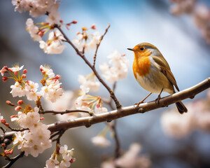 Fototapeta premium Beautiful European Robin. bird in wild nature sitting on a flowering tree