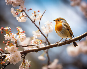 Beautiful European Robin. bird in wild nature sitting on a flowering tree