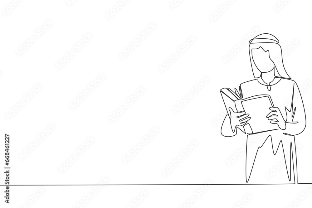 Poster continuous one line drawing arab man focus on reading. try to find answer to the tasks given. seek m