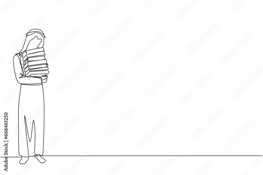 Poster continuous one line drawing arab man standing hugging some books. favorite book that finish reading.
