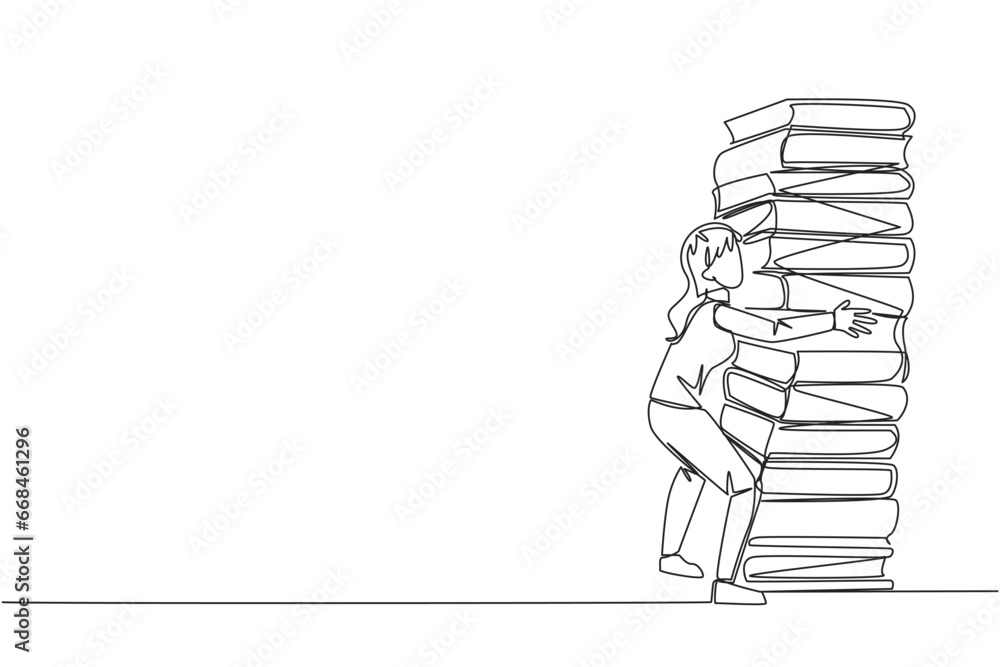 Poster continuous one line drawing woman hugging very high pile of books. hobby to collecting and reading b