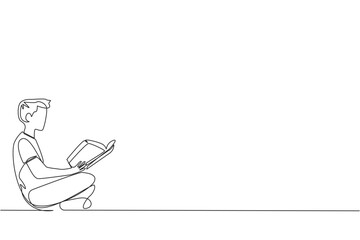 Continuous one line drawing man sitting reading book. The new hobby of reading books helps to relax. One book one day. Good habits. Book festival concept. Single line draw design vector illustration