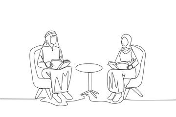Fototapeta na wymiar Continuous one line drawing Arab man woman sitting reading on sofa. Reading focus in living room. Fun hobby. Relieve fatigue from daily activities. Book festival. Single line draw vector illustration