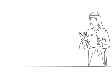 Continuous one line drawing Arab man focus on reading. Try to find answer to the tasks given. Seek more knowledge. Reading increases insight. Happy reading. Single line draw design vector illustration
