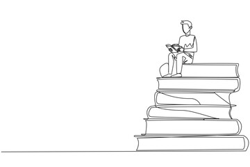 Single one line drawing happy man sitting on a pile of books reading a book. High interest in reading. Opening horizons of thinking. Book festival concept. Continuous line design graphic illustration