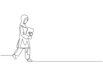 Continuous one line drawing Arabian woman walking carrying a book. Walking back home after visiting the book festival. Hobby reading. Very good habit. Single line draw design vector illustration