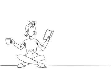 Single continuous line drawing clever woman sitting cross-legged reading book. Accompanied by mug of coffee to make reading more interesting. Knowledge. Calmness. One line design vector illustration - obrazy, fototapety, plakaty