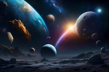 digital artwork in space. fantastical, surreal place. Planets and stars in a Nebula. components of science fiction. 