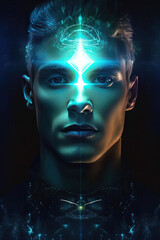 futuristic male robot with blue neon light on his face