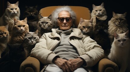 Old granny in glasses cat lady relax sitting in a chair with her many cats at home